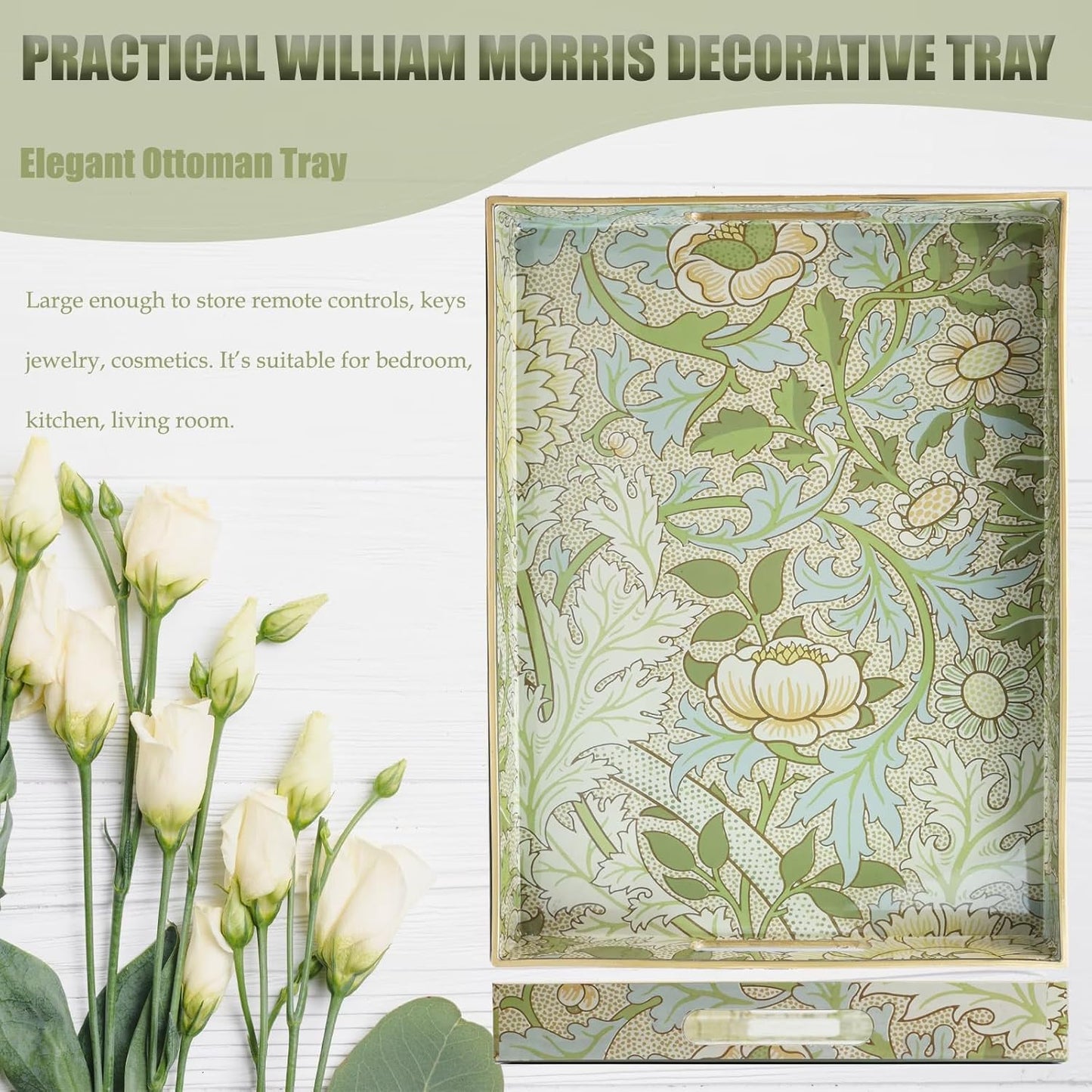 Spsyrine Serving Tray with Handles, Plastic Decorative Tray for Coffee Table, Living Room, Home Decor, Dianthus