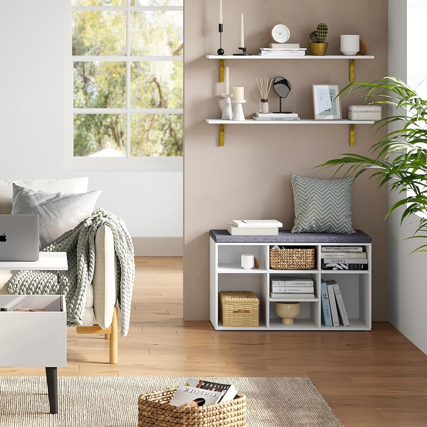 DINZI LVJ Long Wall Shelves, 39.4" Wall Mounted Shelves Set of 4, Large Floating Shelves for Wall with Metal Brackets, for Living Room, Bathroom, Bedroom, Kitchen, White and Gold