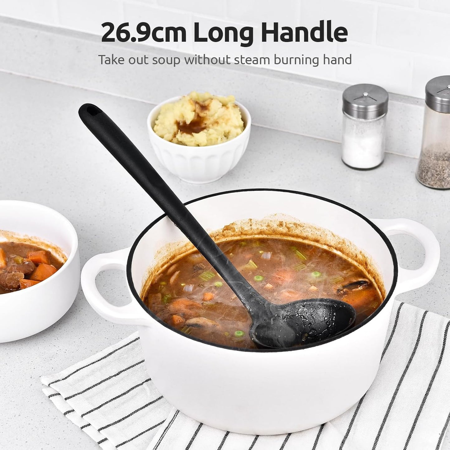 13 inch Silicone Soup Ladle: U-Taste 600ºF Heat Resistant 4 oz Large Non-stick Seamless Rubber Kitchen Deep Serving Spoon with Non Slip Solid Long Handle for Cooking Sauce/Stews/Gravies/Chili(Black)