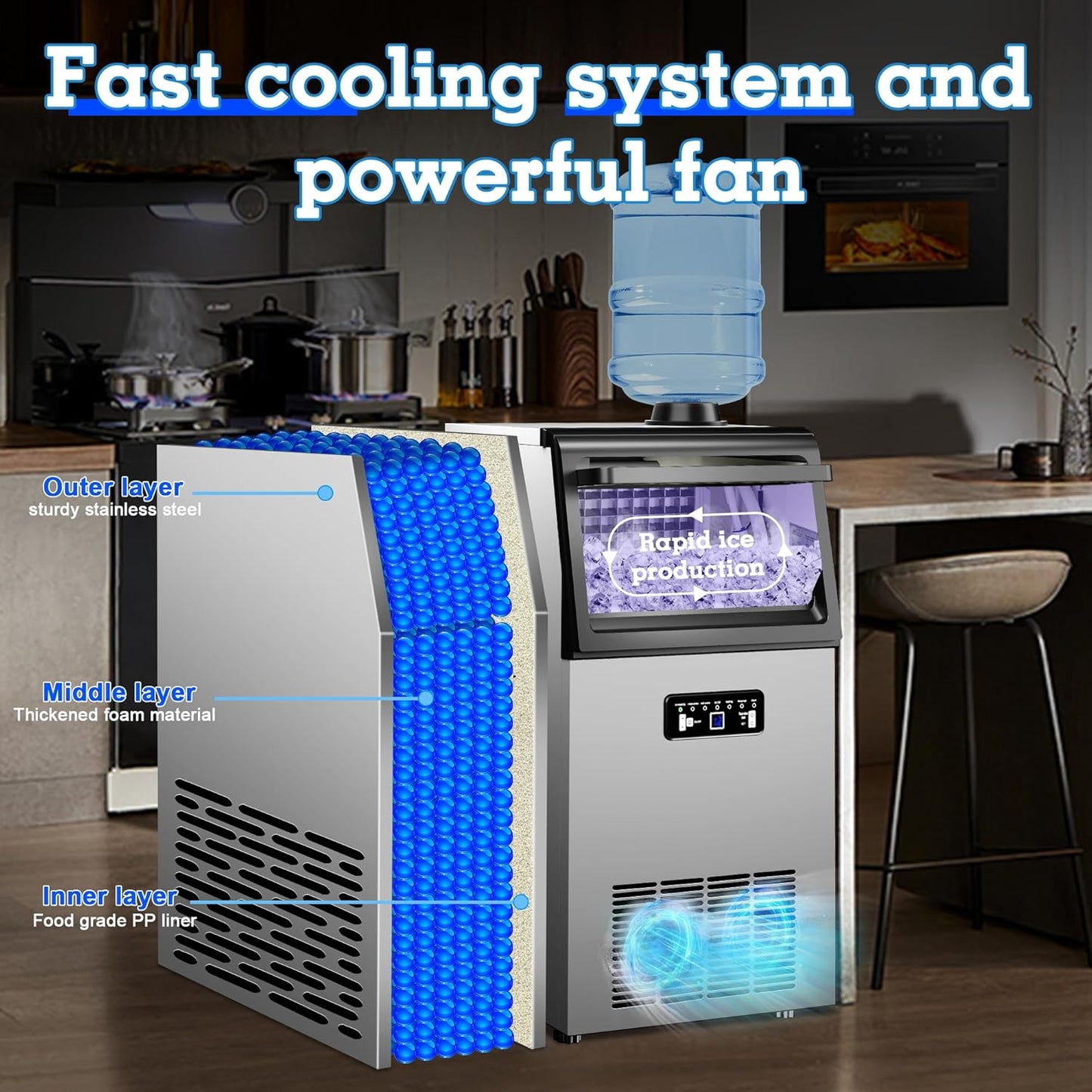 Commercial Ice Maker Machine 120lbs/24H with 22lbs Storage, Stainless Steel Freestanding Ice Machine 45Ice/Cycle 2 Water Inlet Modes, Self-Cleaning Function for Homes Bars Restaurants