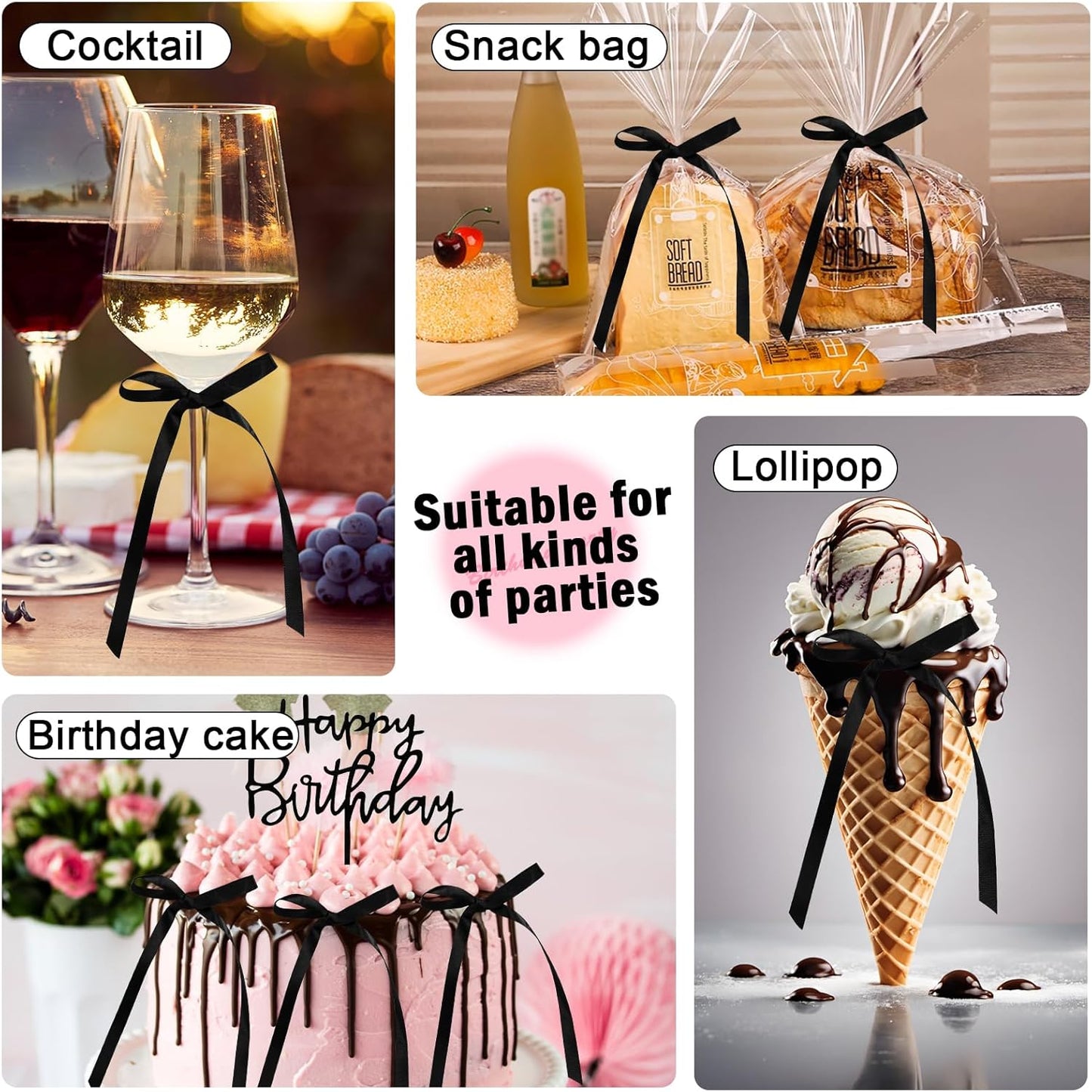 Black Bow Cake Topper Bowknot Ribbons Cupcake Toppers Bow Tie Cake Decorations Black Coquette Bows Cupcake Dessert Picks Happy Birthday Pick for Girl Birthday Princess Wedding Party Supplies 7Pcs