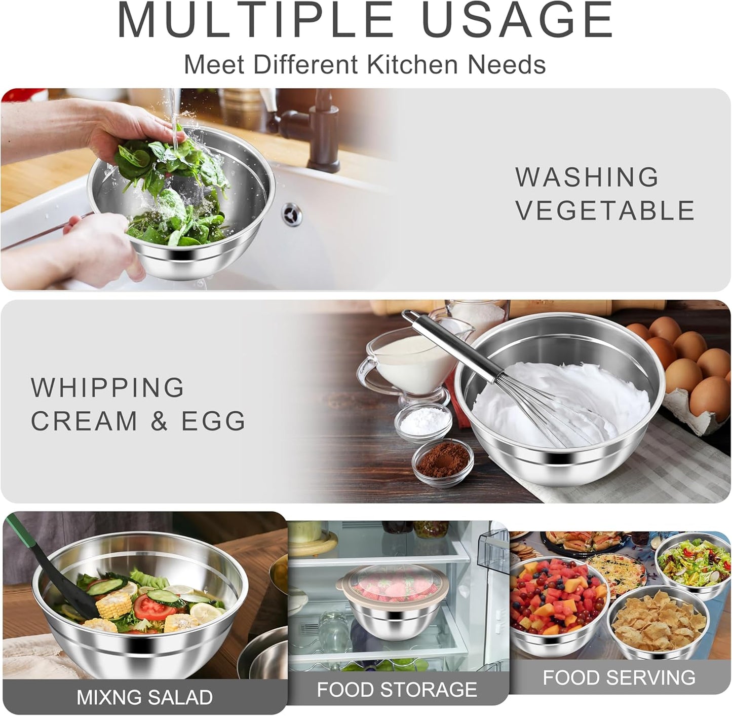 HaWare Mixing Bowls with Airtight Clear Lids, 6-Piece Stainless Steel Strong Nesting Bowls Set, Metal Salad Bowl for Cooking, Prepping, Baking, Serving & Food Storage, Size 4.6, 3, 1.5QT, Khaki