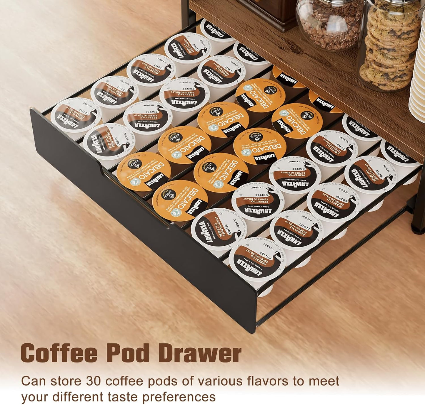 Coffee Bar Organizer, 3 Tier Coffee Station Organizer for Countertop, 30 K Cup Pod Drawer, Mug Cup Holder Stand With 12 Hooks, Multifunctional K Pods Shelf Storage Holder Drawer