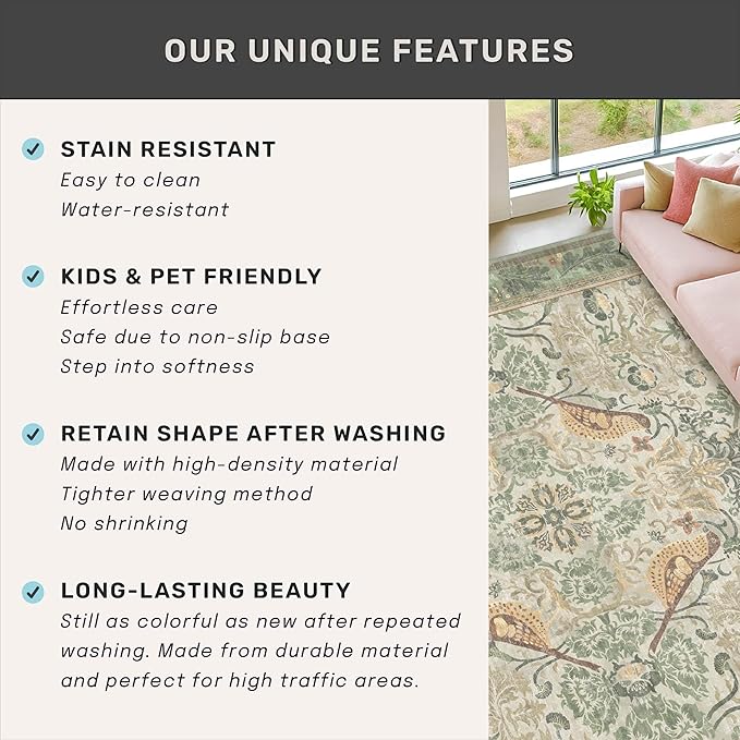 Boho Dining Room Rugs for Under Table 9x12 - Plant & Bird Patterned Rugs for Living Room, Bedroom Under Bed, Traditional Victorian Sage Green Décor, Washable Non Slip Folable Lightweight Carpet