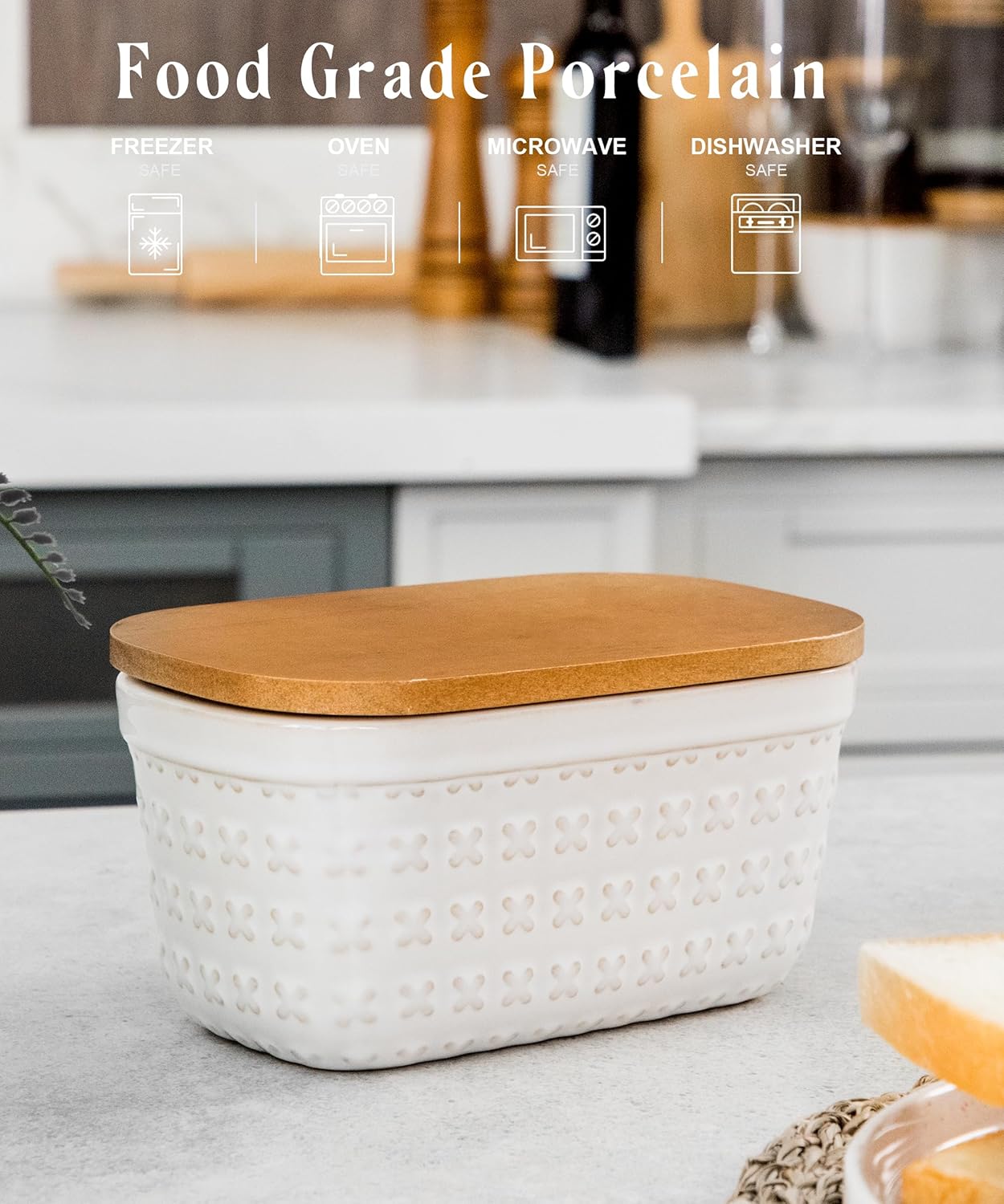 Nucookery Ceramic Butter Dish, Embossed Butter Keeper with Wood Lid for Countertop, Butter Holder and Container with Double Silicone Seal (Cross Pattern)