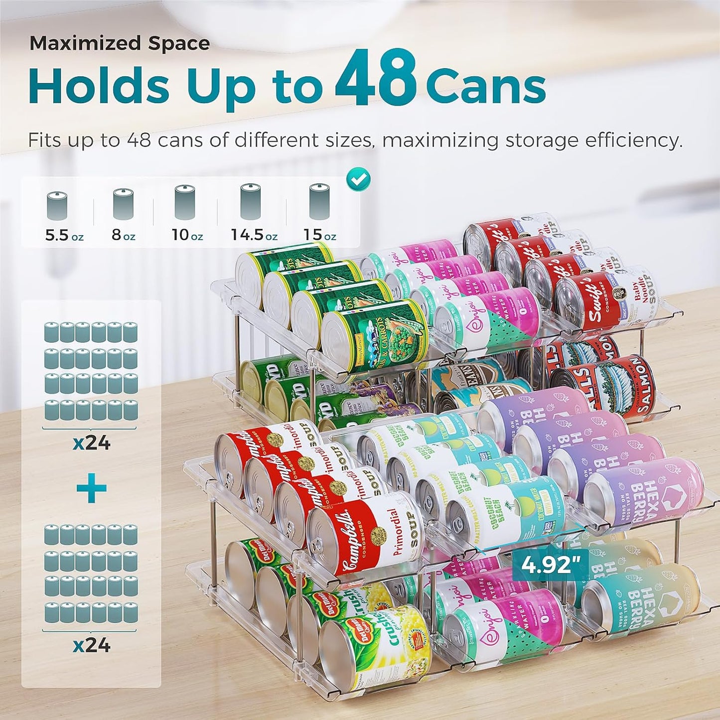 Can Organizer for Pantry, 4 Tiers Can Storage Rack, up to 48 Cans Food Holders for Fridge, Cabinet and Pantry Organization