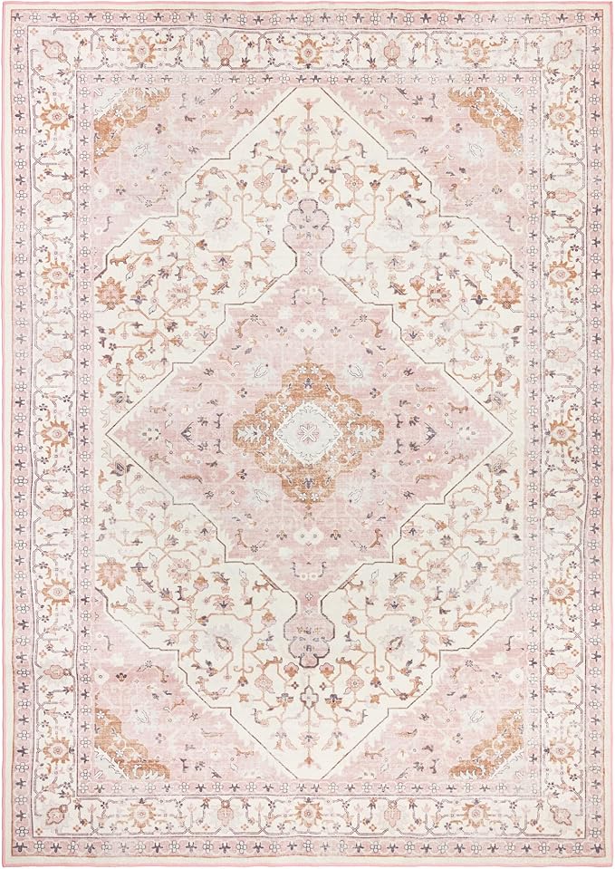 Area Rug for Living Room - Vintage Indoor Machine Washable Rug for Bedroom Dinning Room Floor - Soft Low-Pile Carpet Non-Slip Backing Floral Rugs for Office (Pink, 8' × 10')
