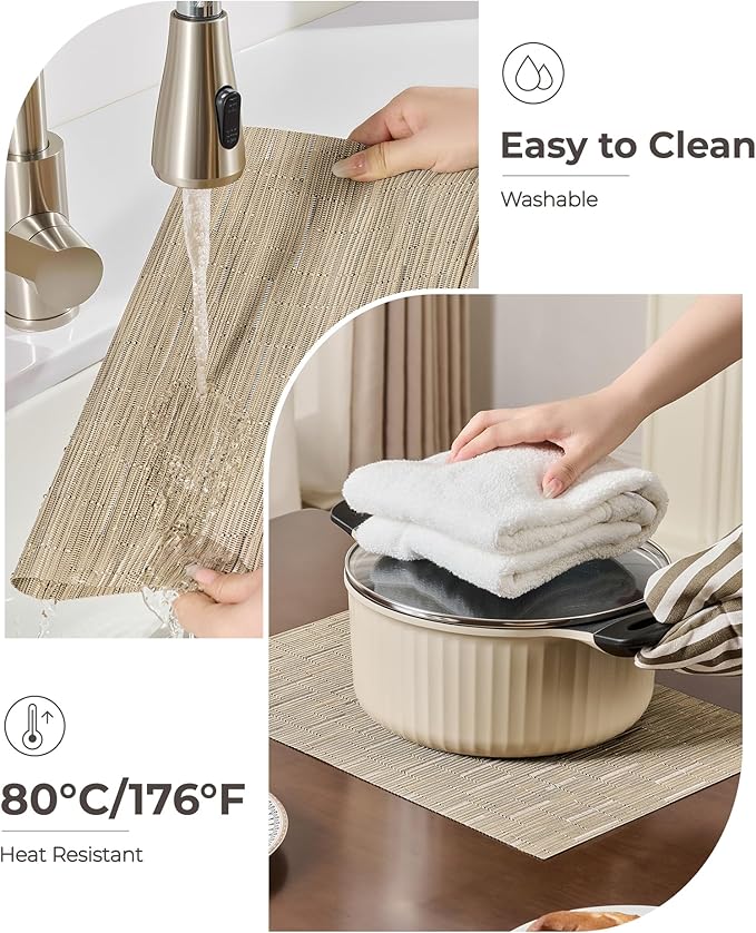 Leetaltree Light Brown Placemats Set of 8 - Heat Resistant Non-Slip Place mats for Dining Table, Washable Durable PVC Vinyl Woven Table Mats(Light Brown, 8)