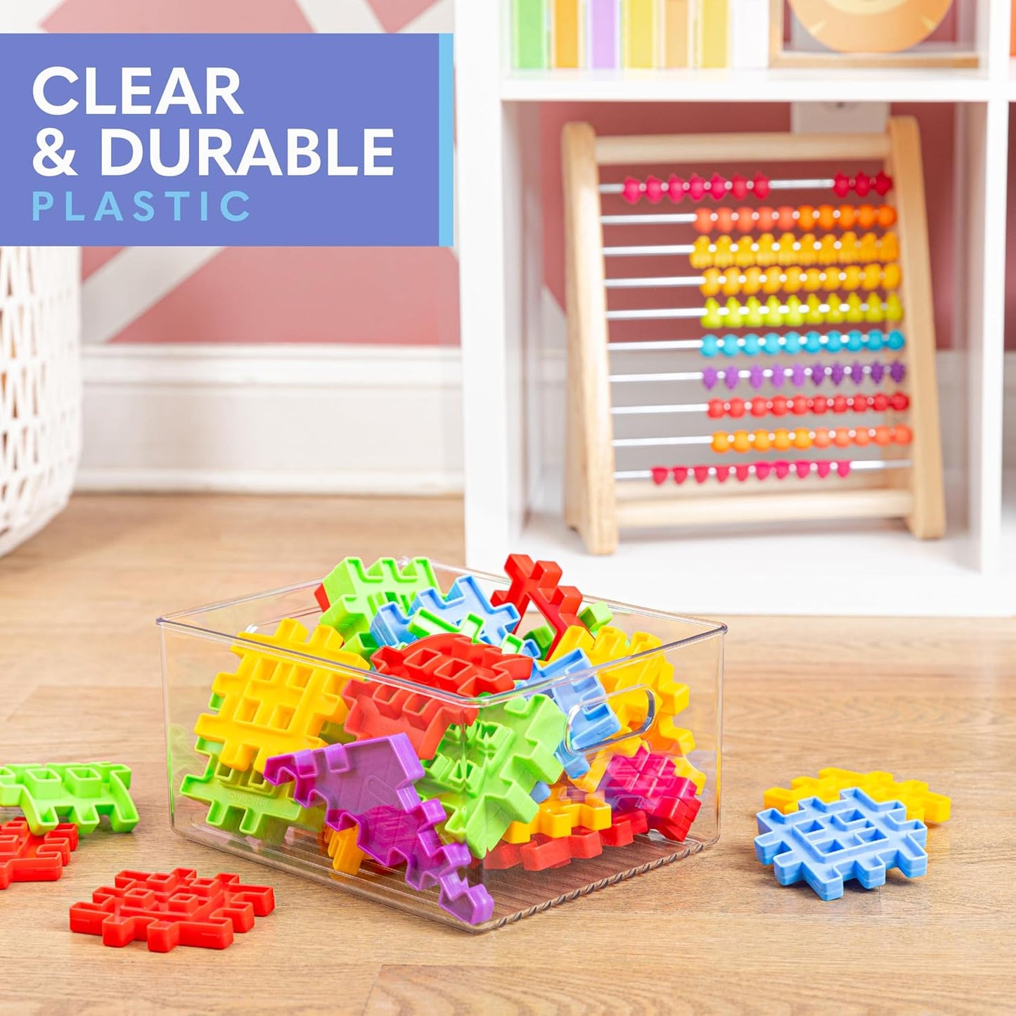 Plastic Food Storage 4 Pack Clear Container Bin with Handles for Organizing Kitchen, Pantry, Refrigerator, Freezer, Pantry, Cabinet, Closet, Bathroom 10”x8”x5”