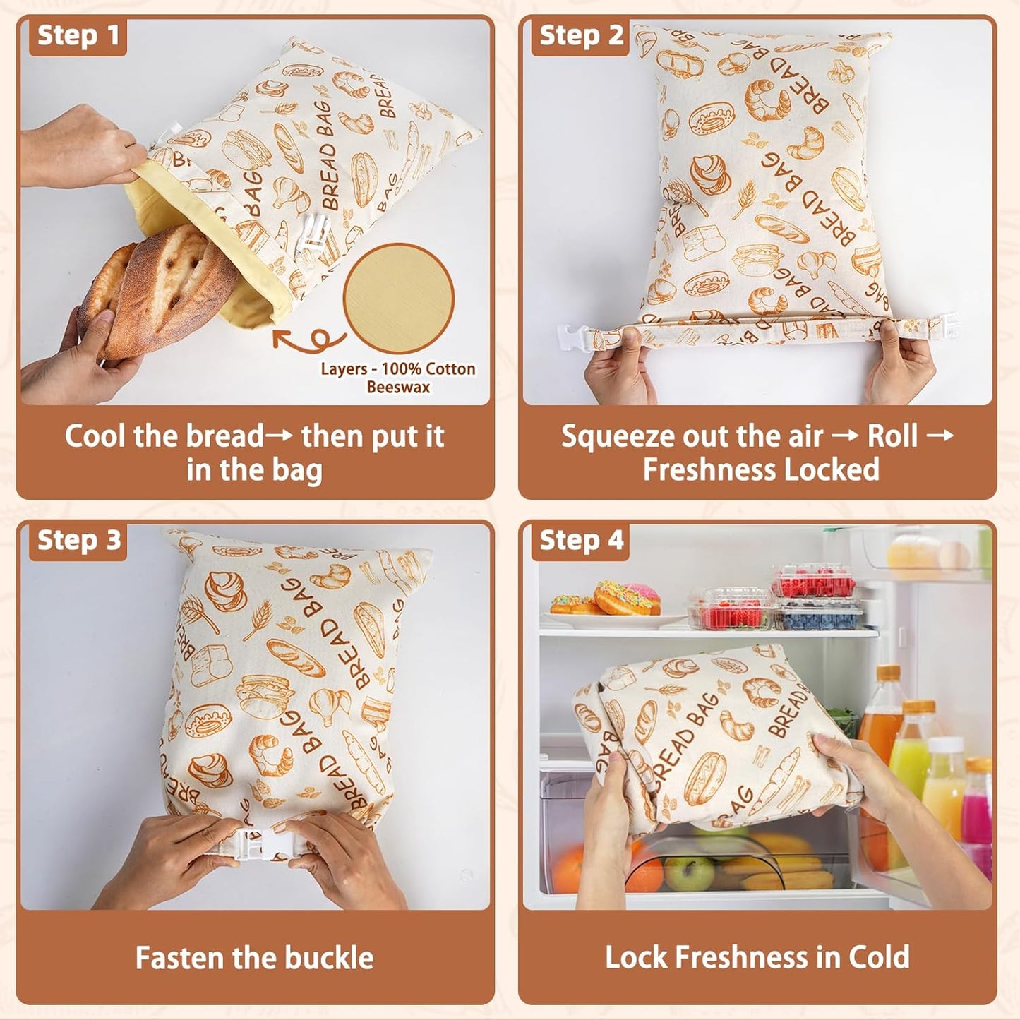 2 Pack Beeswax Bread Bags - Large Reusable Cotton Linen Food Storage Covers for Sourdough & Homemade Bread, Waxed Bags Keep Bread Fresh, Proofing Bag Freezer-Safe, Easy Clean