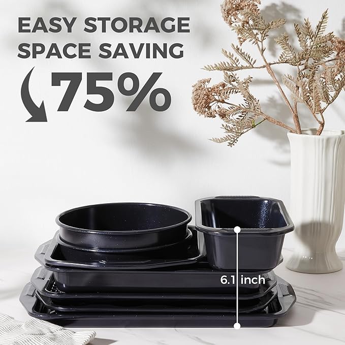 HONGBAKE 9-Piece Baking Pans Set with Wave Texture for Reduced Oil, 0.8mm Thick Bakeware Sets Non Stick, Includes Stackable Cookie Sheets for Oven Cooking, Cake Pan, Muffin Pan, Loaf Pan, Rack, Blue