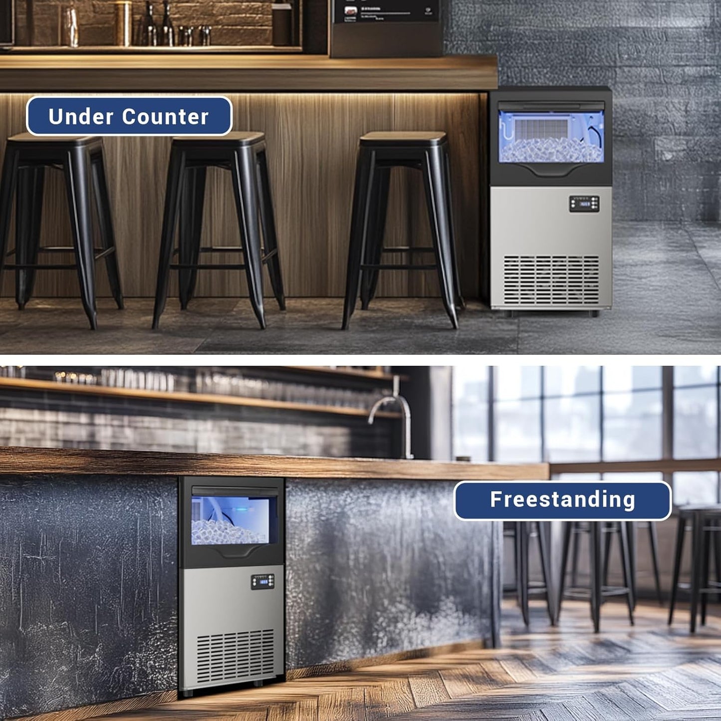 Commercial Ice Maker Machine 15inch Wide 100LBS/24H Stainless Steel Under Counter Ice Machine, Ice Ready in 8-15 min Freestanding Ice Maker for Home Bars and Restaurants