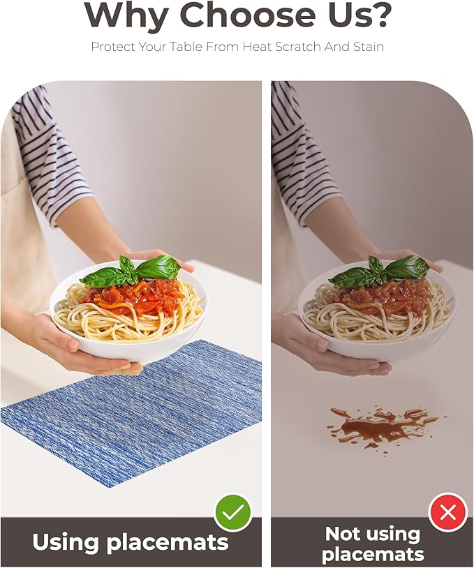 Leetaltree Blue Placemats Set of 12 - Heat Resistant Non-Slip Place mats for Dining Table, Washable Durable PVC Vinyl Woven Table Mats(Blue Zigzag, 12)