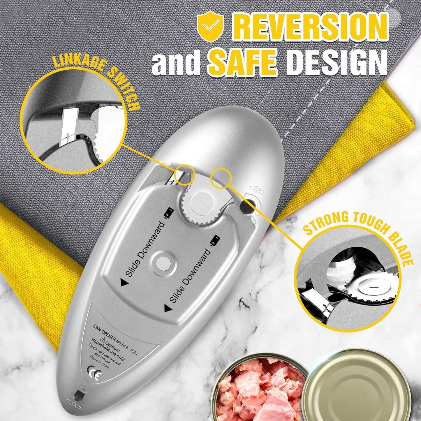 Handsfree One Touch Electric Can Opener Easy and Fast Flex Side Cut All Can Sizes, Automatic Handheld Battery Operated Kitchen Gadget Gift with Smooth Edge Safety for Seniors & Arthritis Silver