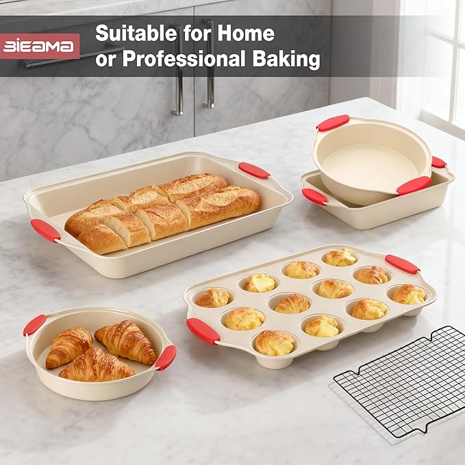 13-Piece Baking Pans Sets, Nonstick Bakeware Sets, BPA-Free Carbon Steel Stackable Bakeware Set, Cream