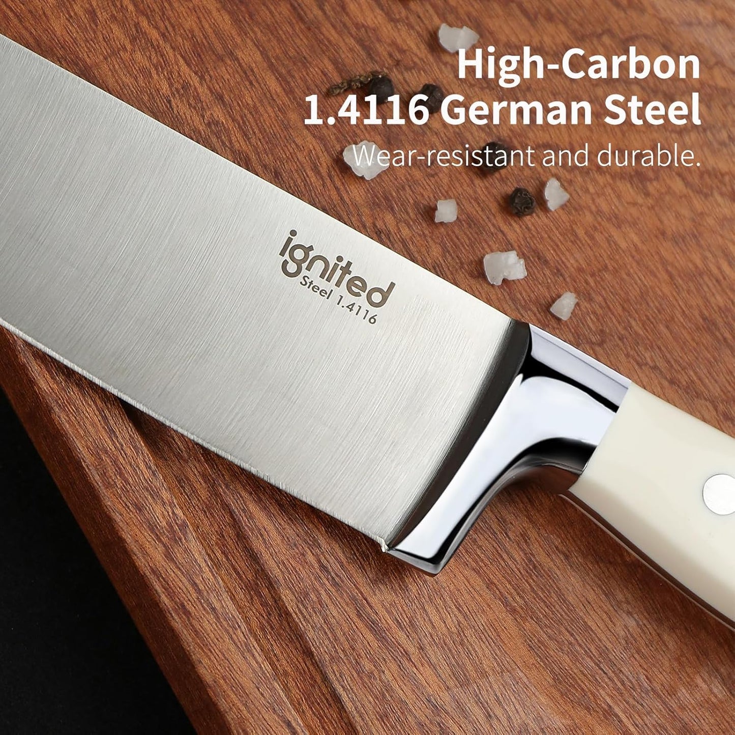 8 inch Chef Knife, High Carbon 1.4116 German Steel Kitchen Knife, Ultra Sharp Chefs Knife with Beautiful White ABS Handle, Professional Cooking Knife with Luxury Gift Box