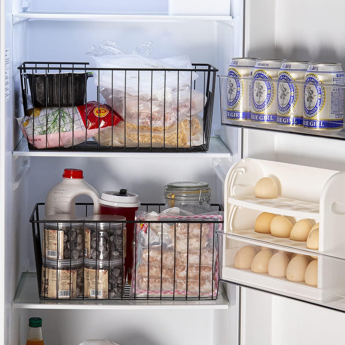 16inch Freezer Wire Storage Organizer Baskets, Household Refrigerator Bins with Built-in Handles for Cabinet, Pantry