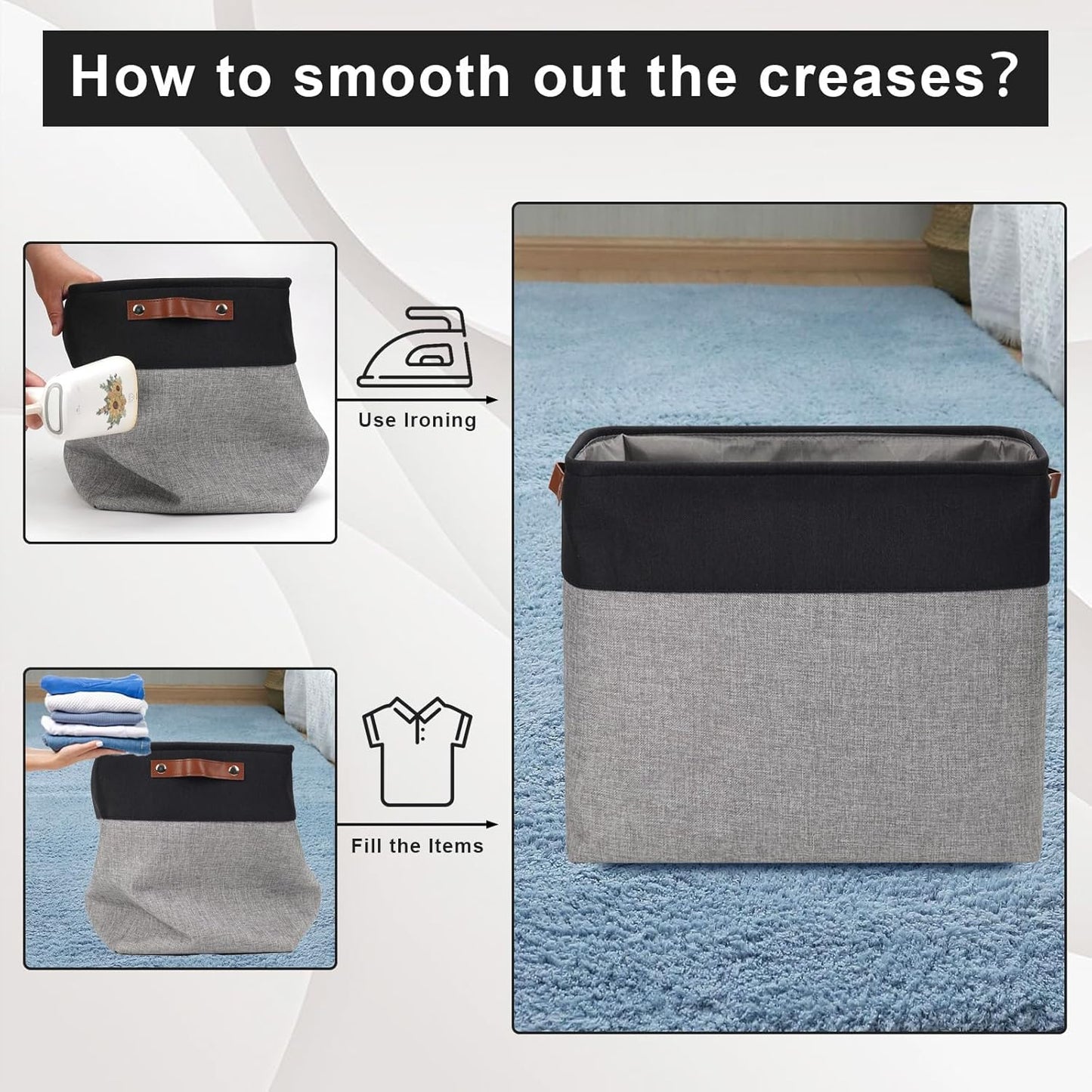 Large Fabric Storage Baskets | 50L Storage Bins, Decorative Linen Closet Baskets with Handles for Organizing, Shelf, Toys, Clothes, Home, Office, Nursery, 17x12x15Inches (Gray&Black)