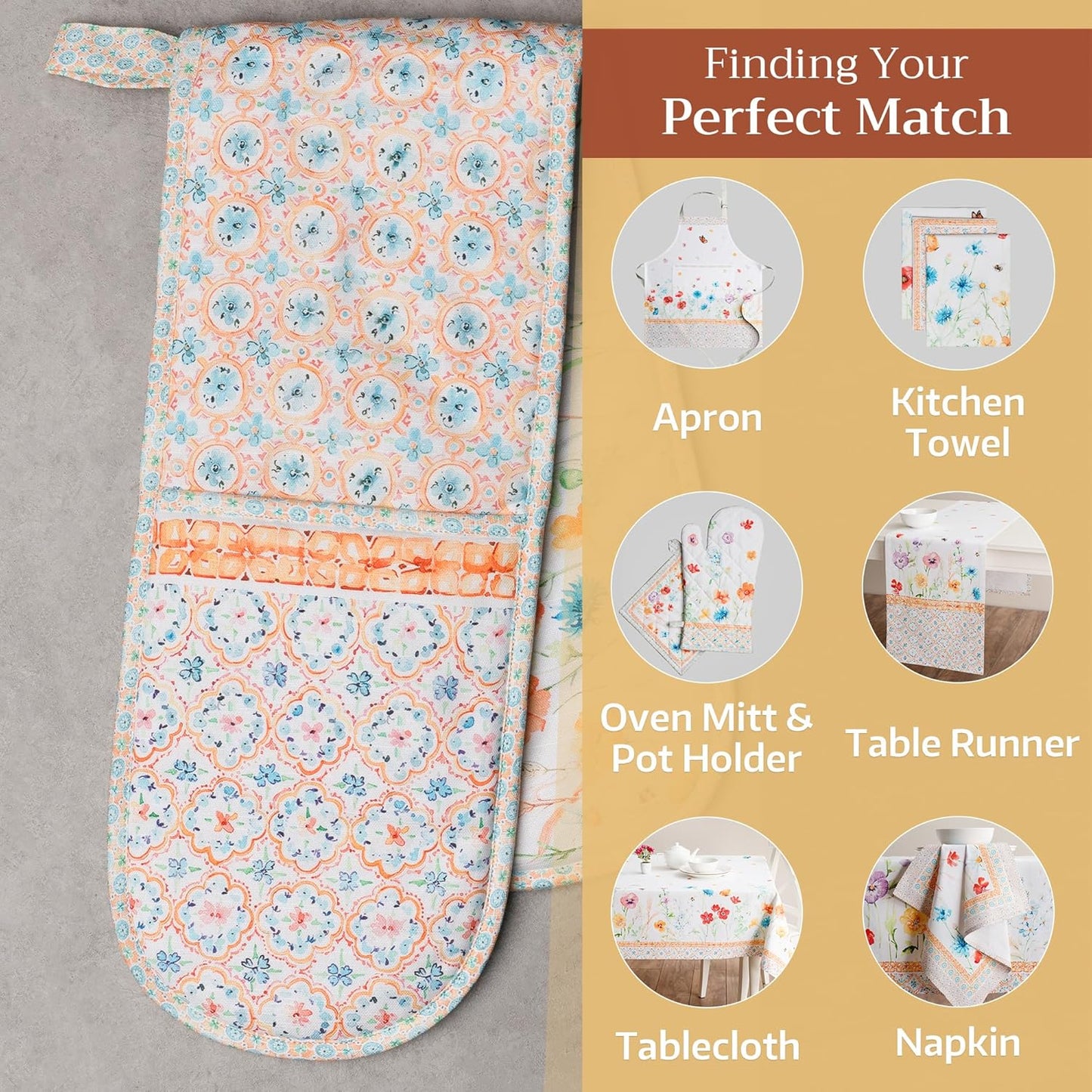 Maison d' Hermine Double Oven Mitts 100% Cotton 7"x35" Double Oven Mitt Heat Resistant BBQ Cooking Gloves with Loop, Baking, Grilling, Home, Kitchen, Handling Hot Pans Spring Summer (Summer Whisper)