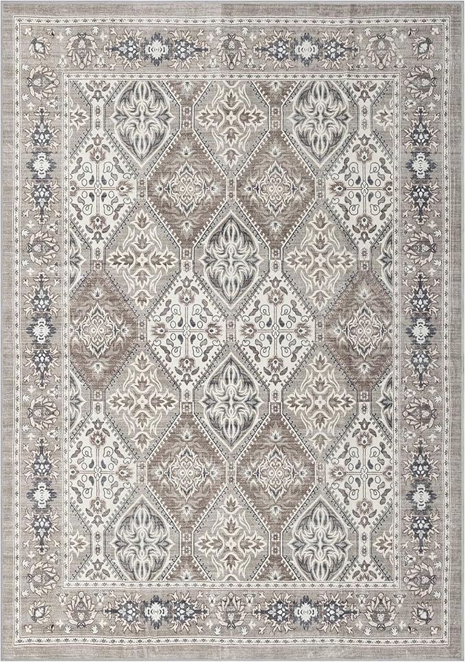 Area Rug for Living Room - 9x12 Vintage Taupe Neutral Washable Rug for Bedroom Dinning Room - Soft Low-Pile Oriental Carpet Non-Slip Tan Rugs for Office - Soft Brown