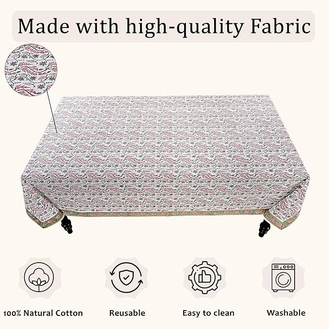 Ridhi Coral Pink Trails Hand Block Print Cotton Rectangle Tablecloth 108 x 70 inches Reusable Table Cover Decorative Everyday Use for Dining Room, Farmhouse, Home, Party, Festive & Wedding, Fall