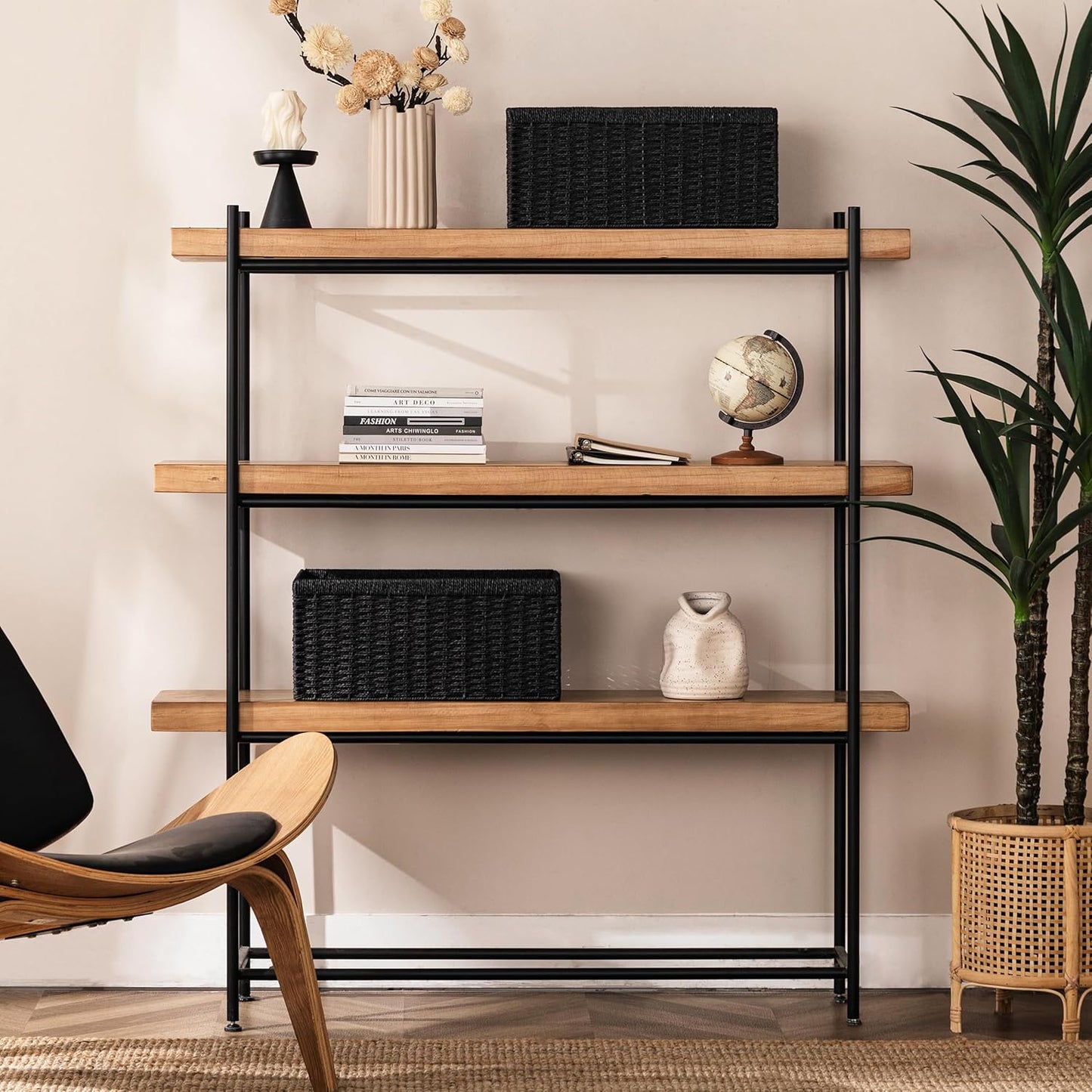 UBBCARE 4 Pack Wicker Basket, 13.4L×8.3H×7.1W inch Woven Paper Rope Storage Baskets for shelves, Foldable Rectangular Storage Baskets with Handle, Storage Basket for Organizing, Black