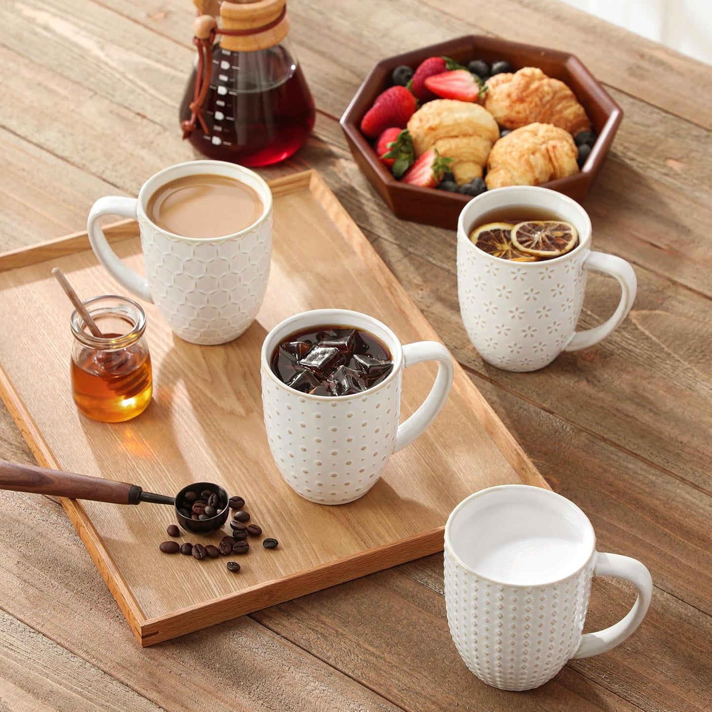 MALACASA LYDIA Coffee Mugs, 16 OZ Ceramic Mugs Set of 4 with Handle, Embossment Cups for Latte, Hot Tea, Cappuccino, Mocha, Cocoa, Dishwasher & Microwave Safe Gift Set, White