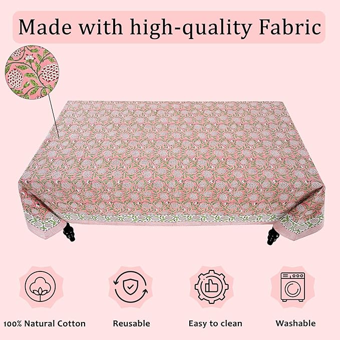 Ridhi Strawberry Pink Hand Block Print Cotton Rectangle Tablecloth 120 x 60 inch-Reusable Table Cover Decorative Everyday Use for Dining Room, Farmhouse, Thanksgiving, Christmas Wedding, Fall