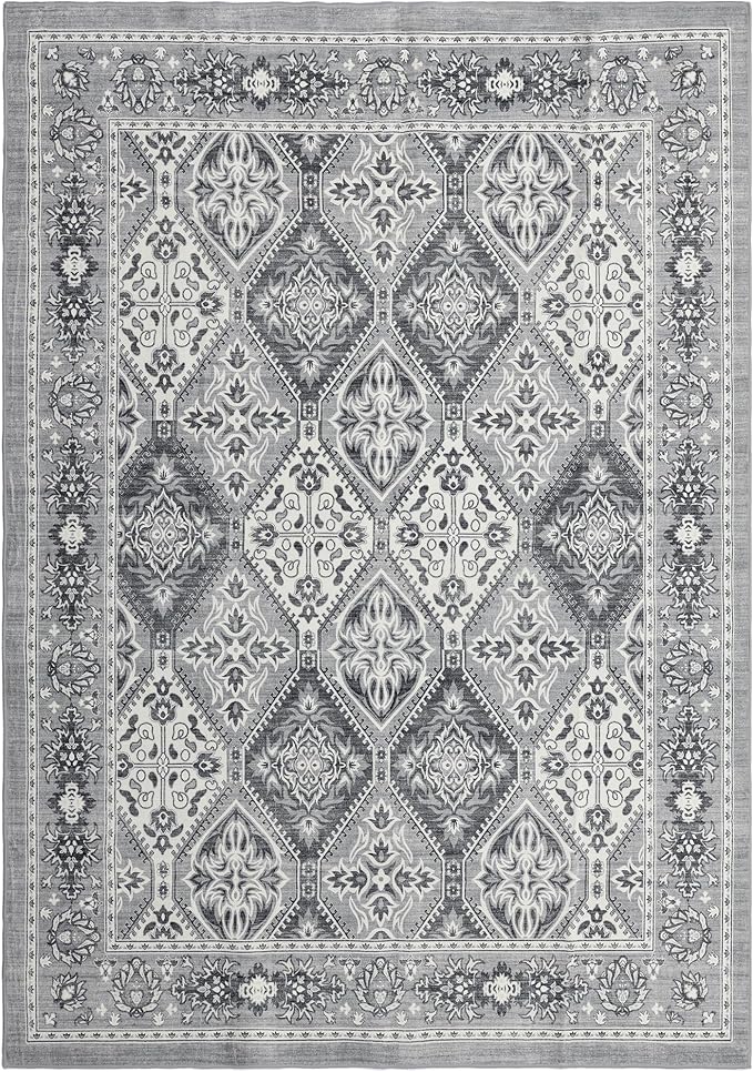 Area Rug for Living Room - Vintage Indoor Machine Washable Rug for Bedroom Dinning Room Floor - Soft Low-Pile Carpet Non-Slip Backing Floral Rugs Office (Grey, 6' × 9')