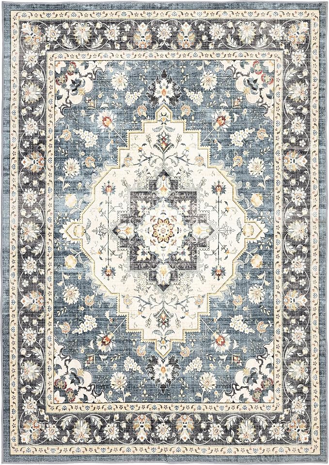 Area Rug for Living Room - Vintage Indoor Machine Washable Rug for Bedroom Dinning Room Floor - Soft Low-Pile Carpet Non-Slip Backing Floral Rugs for Office (Blue/Ivory, 5' × 7')