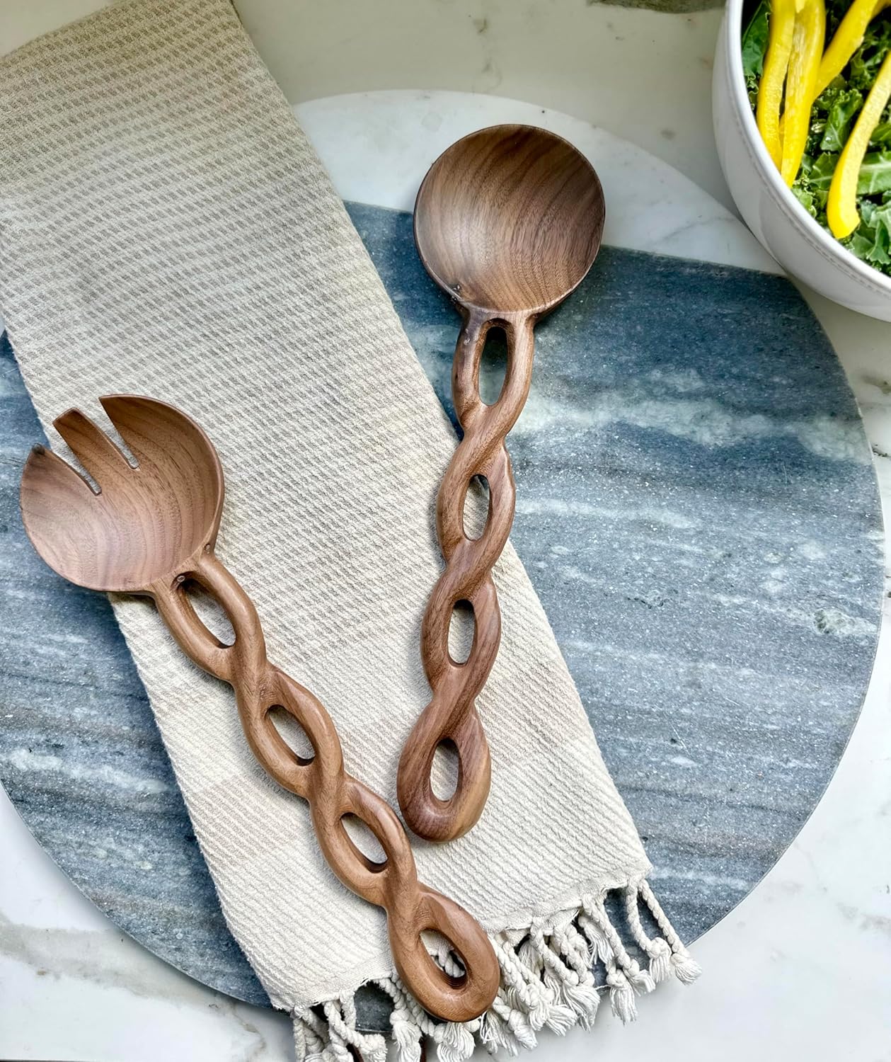 13" Wooden Salad Tongs For Serving, Walnut Kitchen Utensils Set, Salad Servers Mixing Dinner Fork and Spoon Long Handle, Housewarming Gift Ideas, Set of 2 (Walnut Wood)