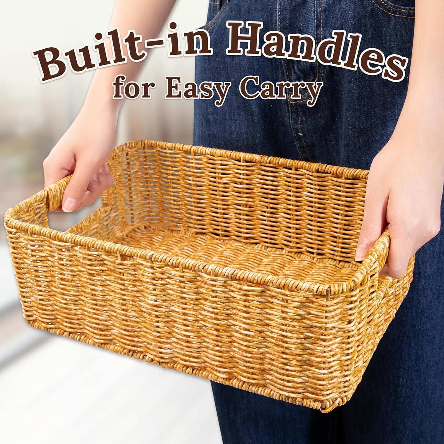 Baskets for Organizing, Undershelf Wicker Storage, Hand Woven Organizer for Closet Organization, Rectangular, Set of 3, Amber