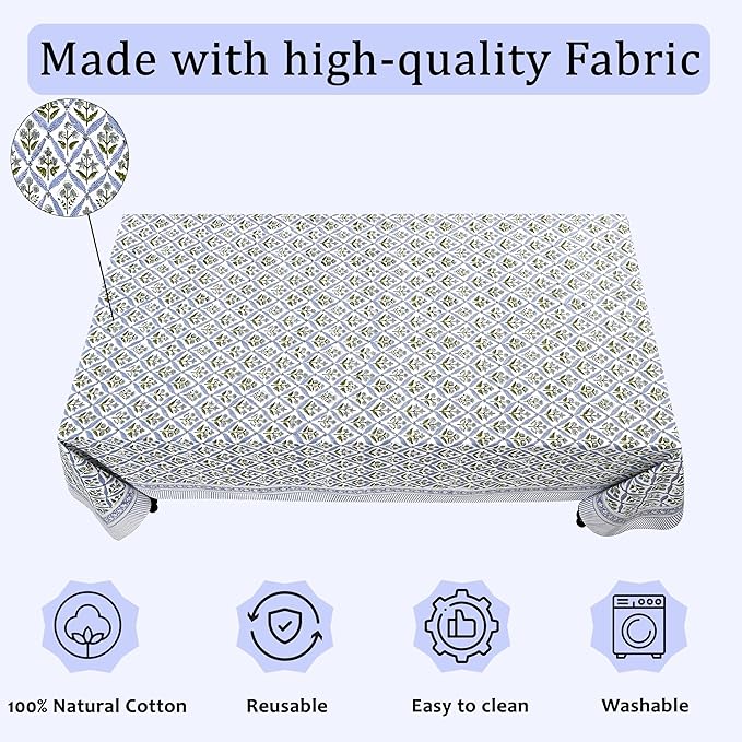 Ridhi Light Steel Blue Hand Block Print Cotton Rectangle Tablecloth 108 x 70 inches Reusable Table Cover Decorative Everyday Use for Dining Room, Farmhouse, Home, Party, Festive & Wedding, Fall