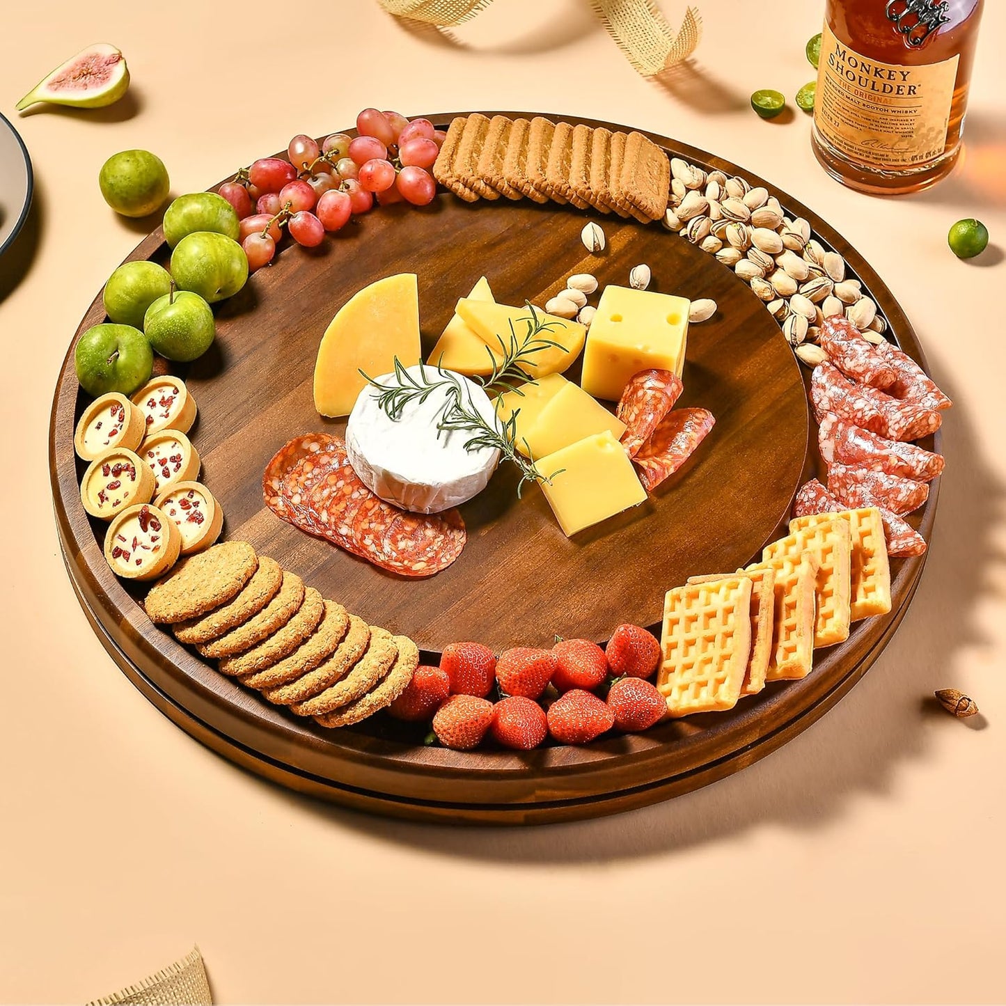 Shanik Acacia Wood Rotating Cheese Board – Lazy Susan Charcuterie Platter for Serving Cheese, Meats, Crackers, and Appetizers