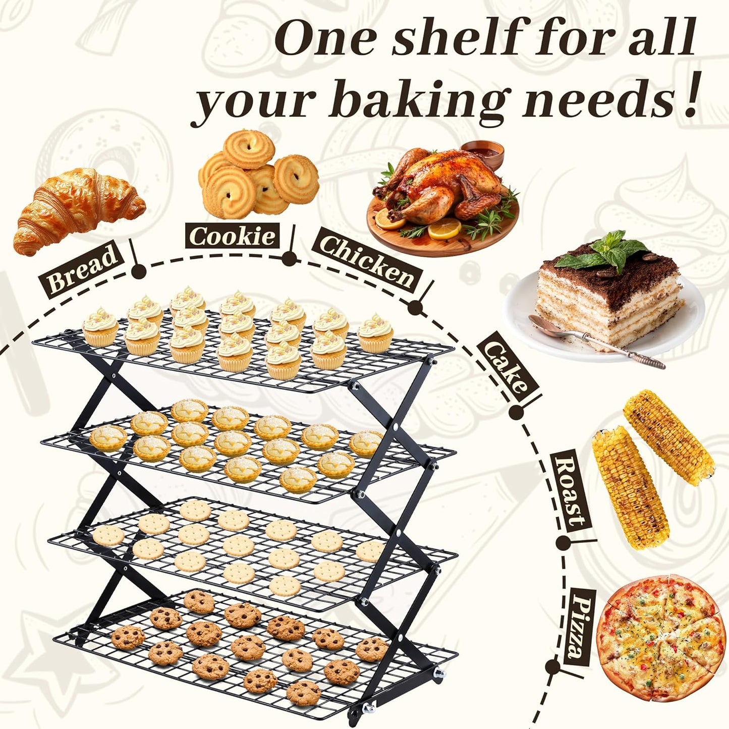 Pleafind 4 Tier Collapsible Cooling Rack - 3 Setting Design, Adjustable & Stackable Baking Rack, 5 Modes Cooling Racks for Cooking and Baking, Roasting & Grilling Gifts for Picnic Party