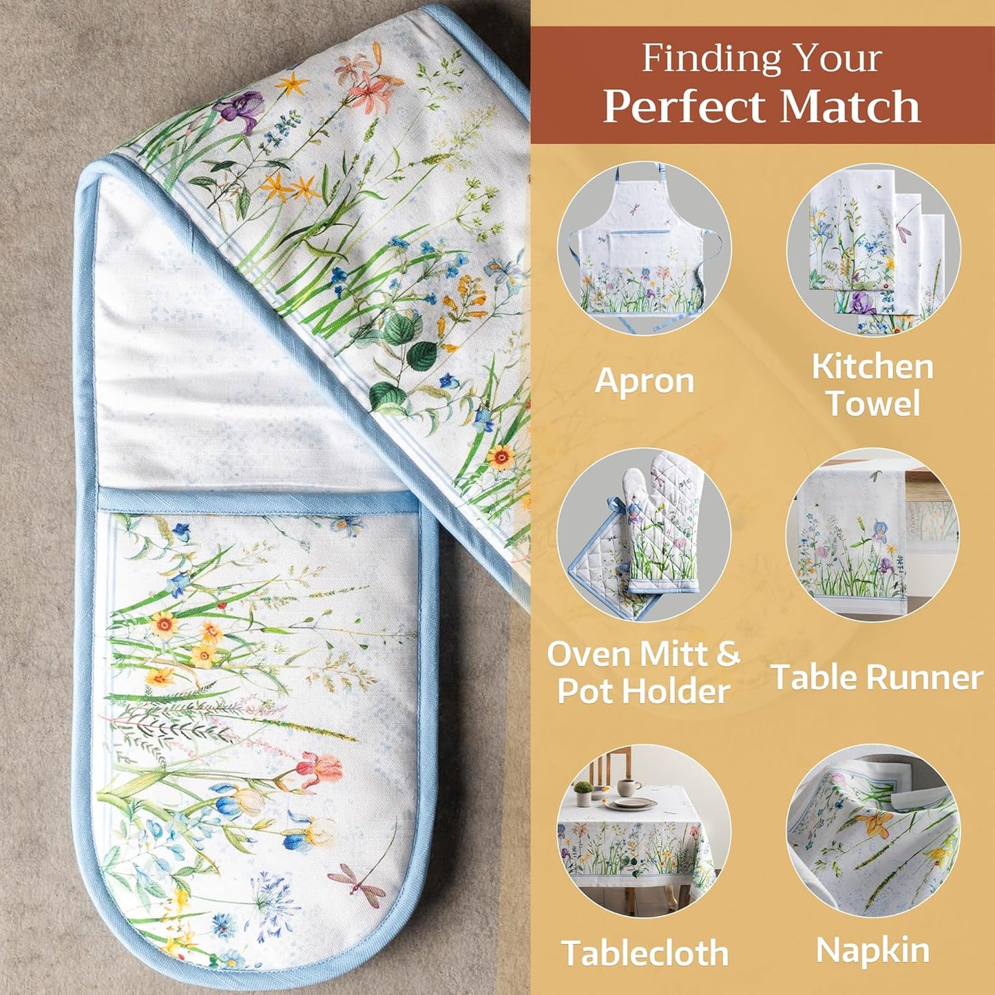 Maison d' Hermine Double Oven Mitts 100% Cotton 7"x35" Double Oven Mitt Heat Resistant BBQ Cooking Gloves with Loop, Baking, Grilling, Home, Kitchen, Handling Hot Pans Spring Summer (Fleurs De Mai)