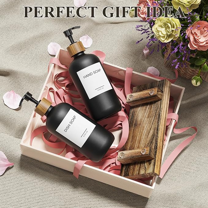 Cisily Black Soap Dispenser Set with Wooden Tray, Dish and Hand Soap Lotion Dispenser Set with Wooden Pump for Kitchen and Bathroom Decor for Counter, Modern Vintage Liquid Soap Dispensers