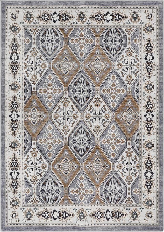 Area Rug for Living Room - Vintage Indoor Machine Washable Rug for Bedroom Dinning Room Floor - Soft Low-Pile Carpet Non-Slip Backing Floral Rugs for Office (Blue/Grey/Brown, 6' × 9')
