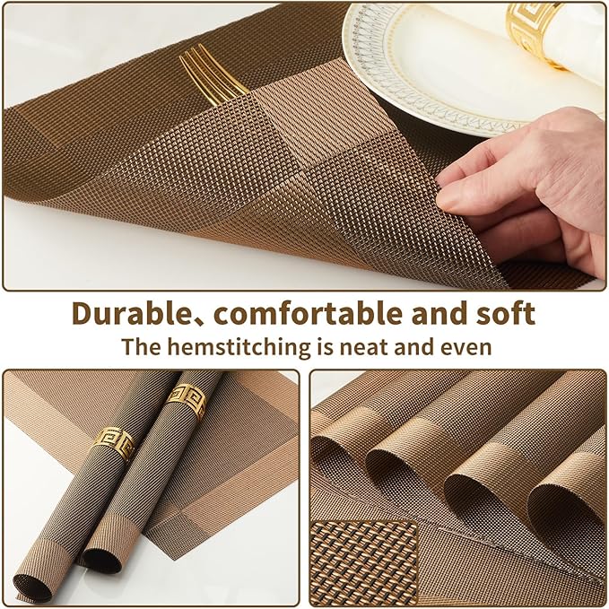 Brown Placemats Set of 12-Durable PVC Vinyl Woven Place Mats for Dining Table Heat Resistant Non-Slip Washable Indoor/Outdoor Table Mats 12 x 17 inch