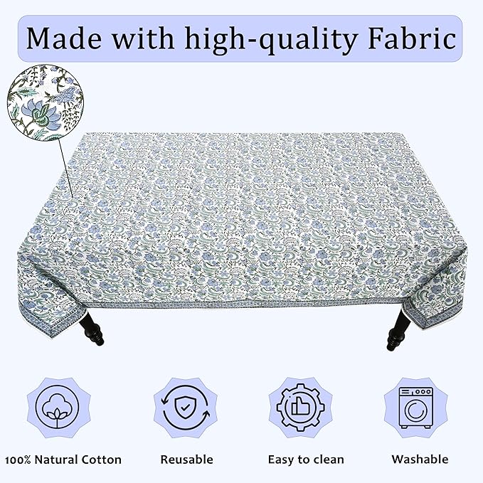 Ridhi Columbia Blue Hand Block Print Cotton Rectangle Tablecloth 118 x 70 inches Reusable Table Cover Decorative Everyday Use for Dining Room, Farmhouse, Home, Party, Festive & Wedding, Fall