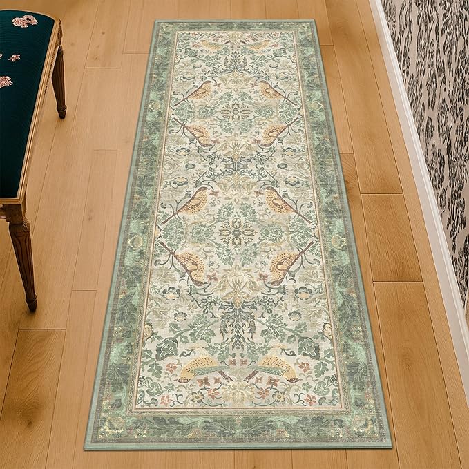 Boho Long Bathroom Runner Rug 2x6 - Floral & Bird Runner Rug for Kitchen Floor, Hallway, Laundry Room, Bedroom, Entrance, Sage Green Vintage Decor, Washable Non Slip Low Pile - Light Green