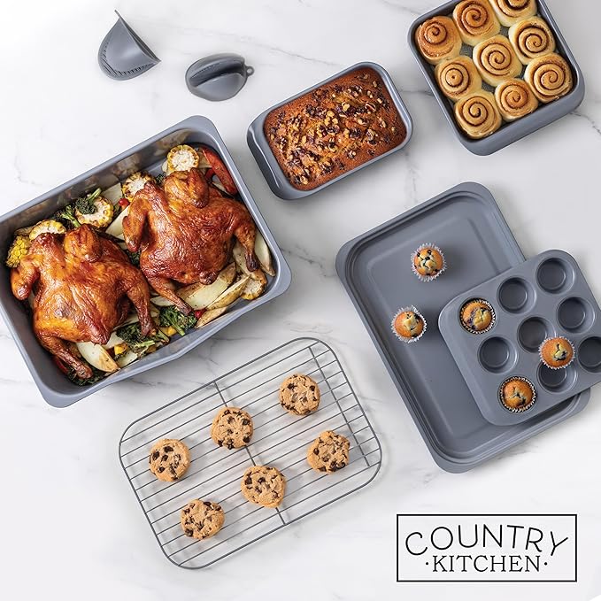 Country Kitchen Nonstick Stackable Bakeware Set - Deluxe Heavy Duty, Durable, Easy Release Baking Set, 8 Pcs, Grey