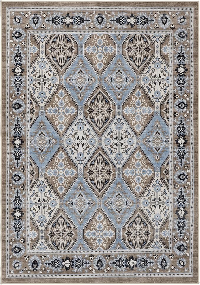 Area Rug for Living Room - Indoor Machine Washable Vintage Rug for Bedroom Dinning Room Floor Carpet Non-Slip Backing Rugs Floral Soft Low-Pile Office Rug (Blue/Brown, 6' × 9')