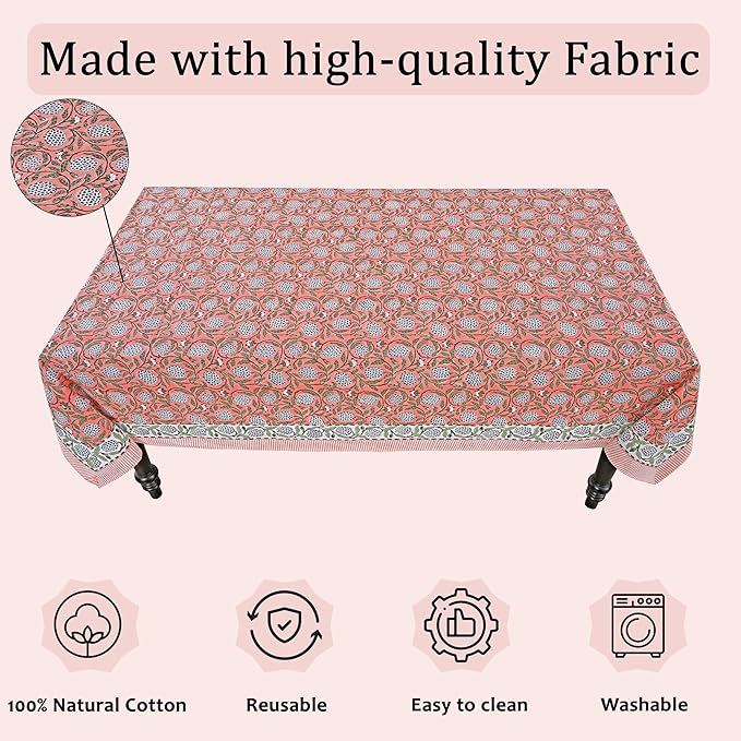 Ridhi Dark Salmon Pink 80 x 120 Inches Rectangular Cotton Washable Tablecloth, Hand Block Print Floral, for Kitchen, Dining, Spring, Easter, Wedding, Birthday, Bridal