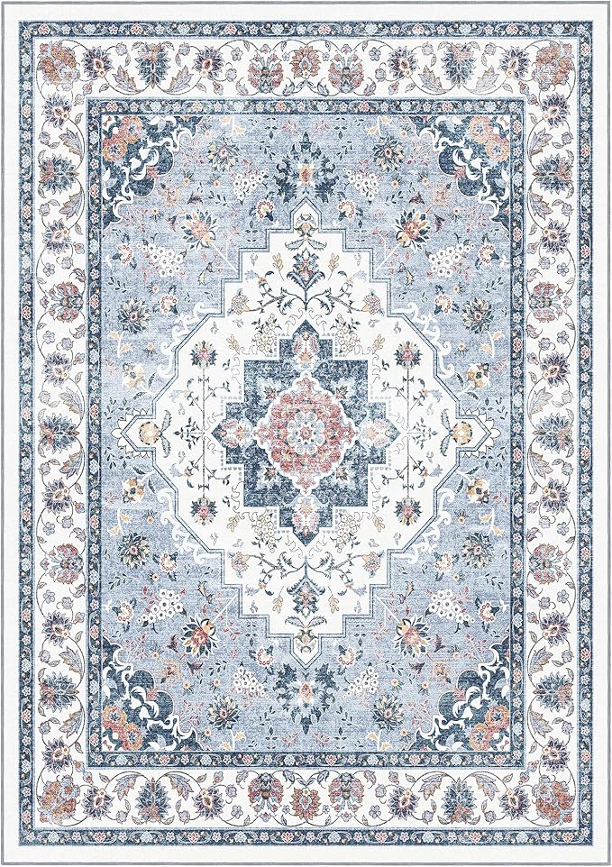 Area Rug for Living Room - Vintage Indoor Machine Washable Rug for Bedroom Dinning Room Floor - Soft Low-Pile Carpet Non-Slip Backing Floral Rugs for Office (Blue White, 6' × 9')
