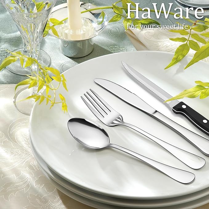 HaWare Silverware Set with Steak Knives, 72-Piece Stainless Steel Cutlery Set, Classic Flatware Set for 12, Mirror Polished Eating Utensils Tableware, Include Knives, Forks, Spoons, Dishwasher Safe