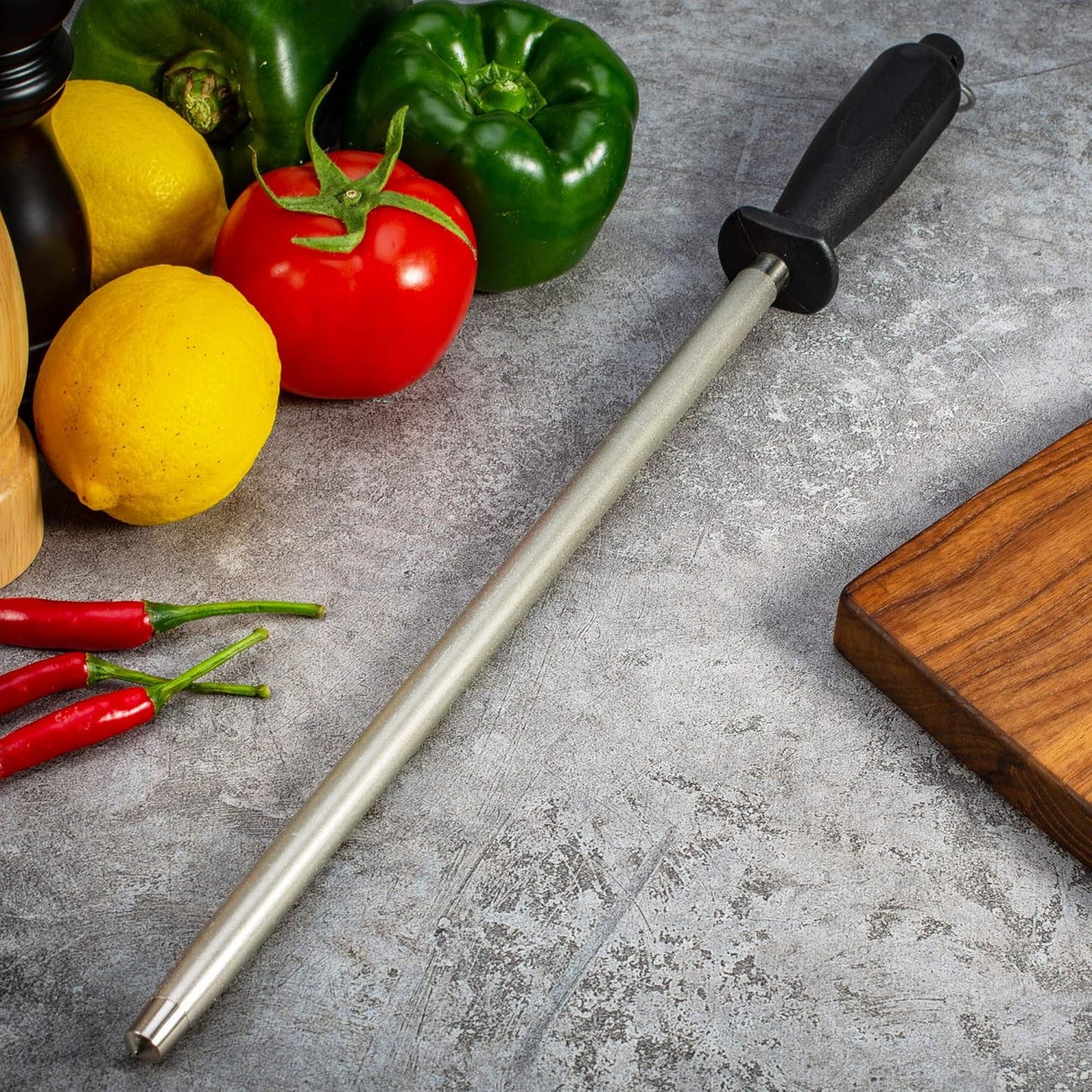 12" Knife Sharpening Steel, Professional Diamond & Steel Honing Rod, Black Brushed Finish, for Kitchen & Chef Knives