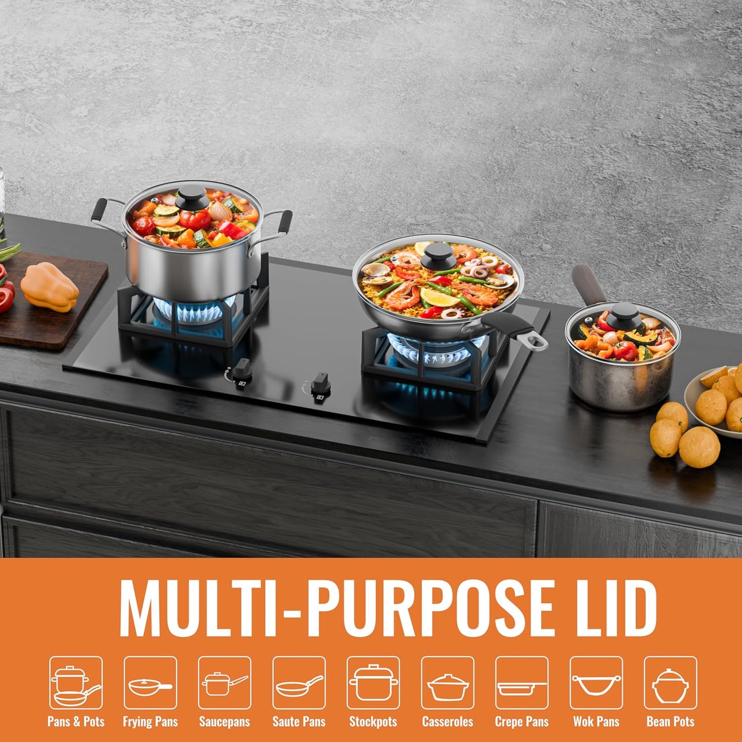 12 Inch Pan Lid For Pots Pans and Skillets, Cast Iron Skillet Lid, Large Tempered Glass Pan Lids, Replacement Pan Cover for Frying, Crock Pot Lid with Stainless Steel Rim, Cookware Pot Covers