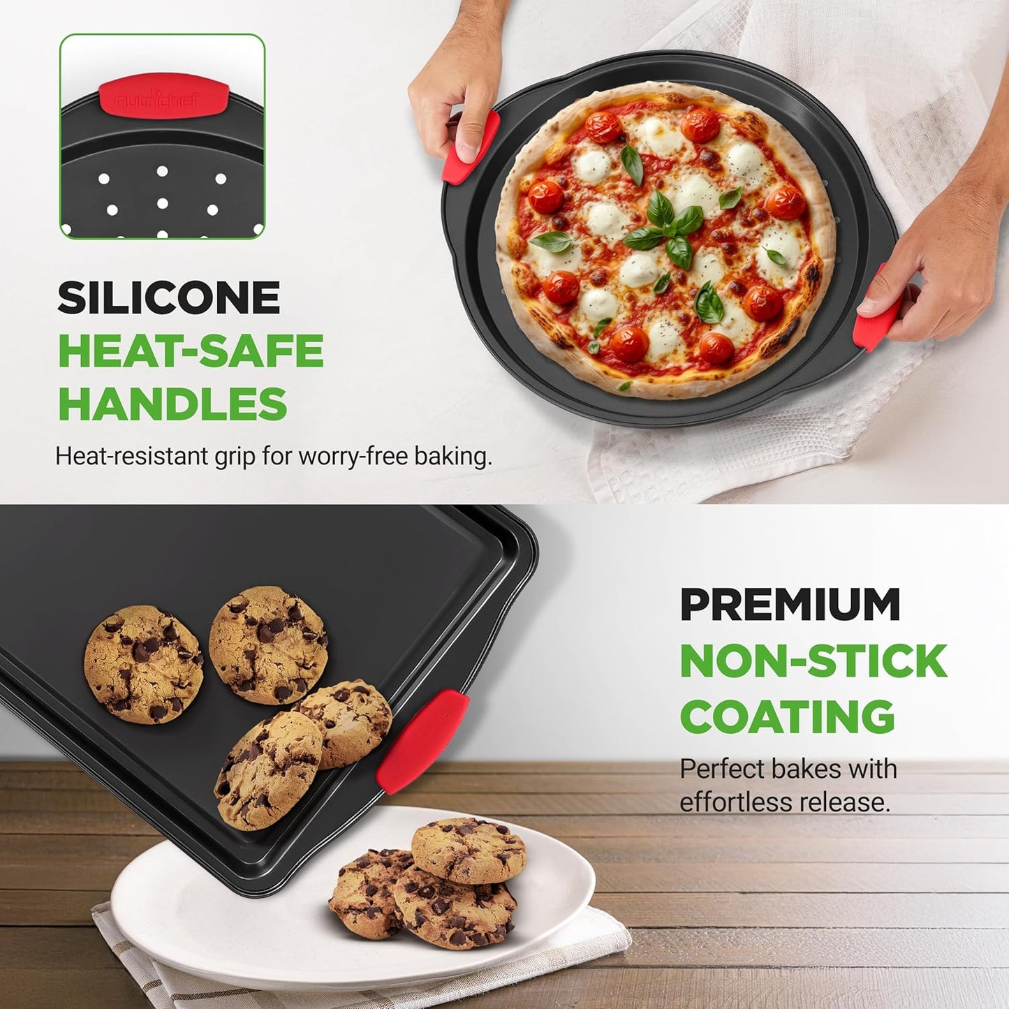 NutriChef 10-Piece Nonstick Kitchen Oven Baking Pans - Premium & Stylish Non-Stick Carbon Steel - Commercial Grade Restaurant Quality Metal Bakeware with Silicone Handles - Easy to Clean, NCSBS10S