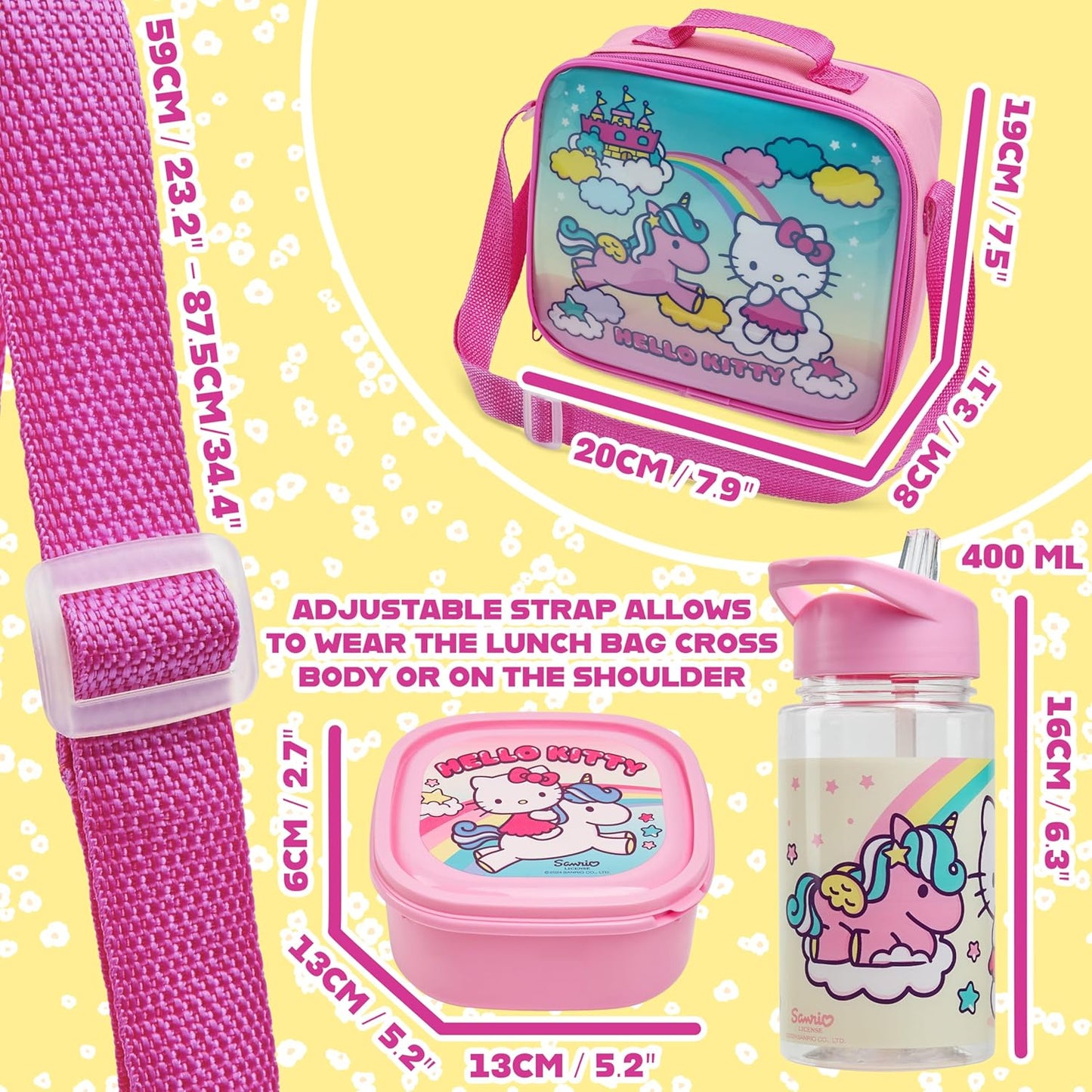 Get Trend Hello Kitty Kids Lunch Bag Set 3 Pc with Leak Proof Water Bottle and Small Lunch Box Insulated for School Daycare or Travel (Hello Kitty)